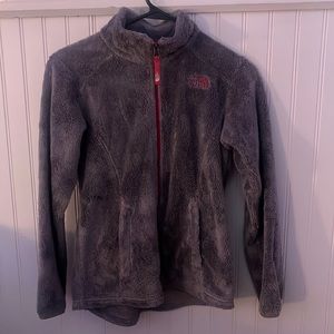 Light gray and pink north face fuzzy jacket, size youth medium